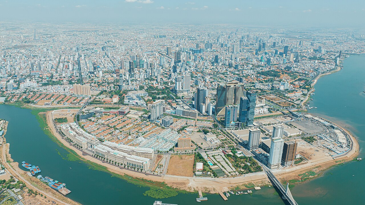 Aerial view of Koh Pich and downtown Phnom Penh beside the river